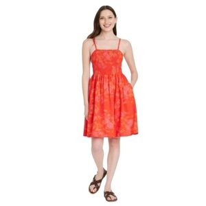 Universal Thread Women's Smocked Mini Sundress Orange Red Floral Linen Blend  M